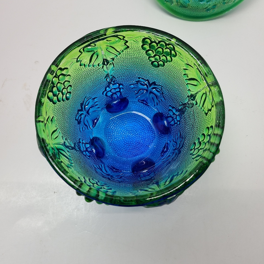 Vintage Jeanette blue/green footed grape leaf glass candy dish w/ lid Capote - Picture 5 of 16